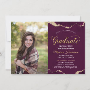 Modern Burgundy and Gold Graduation Photo Invite
