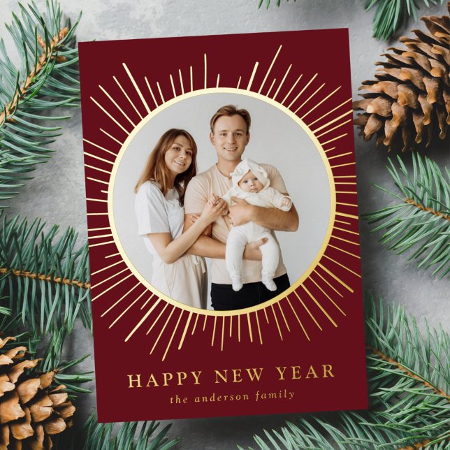 Modern Burgundy and Gold Sunburst New Year Photo Foil Holiday Card (Creator Uploaded)