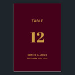 Modern Burgundy and Gold Wedding Table Number<br><div class="desc">A modern sophisticated burgundy and gold wedding table number card.</div>