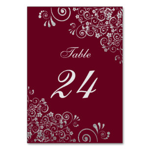 Modern Burgundy and Grey  Floral Swirl Table Number