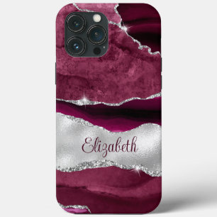 Modern Burgundy and Silver Agate Monogram iPhone 13 Pro Max Case