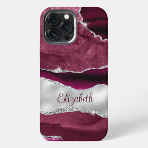 Modern Burgundy and Silver Agate Monogram iPhone 13 Pro Max Case