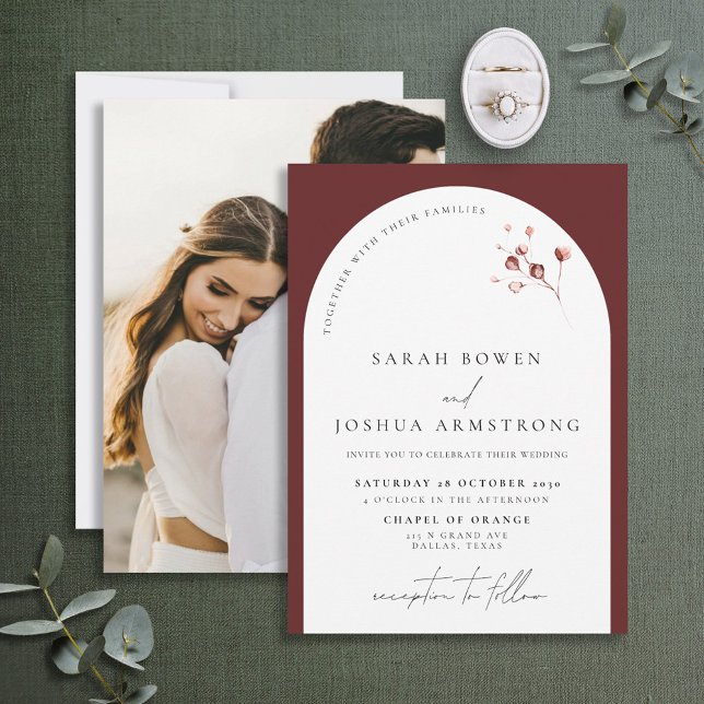 Modern Burgundy Arch Botanical Photo Wedding Invit Invitation (Creator Uploaded)