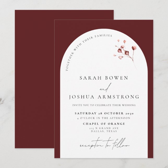 Modern Burgundy Arch Botanical Script Wedding Invitation (Front/Back)