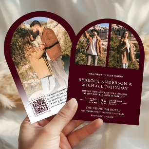 Modern Burgundy Arch Photo QR Code Wedding Invitation