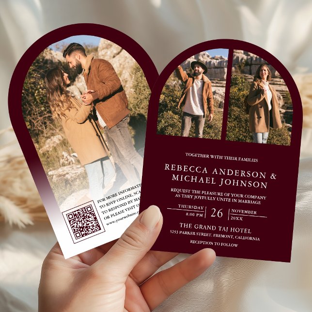 Modern Burgundy Arch Photo QR Code Wedding Invitation (Creator Uploaded)