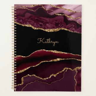 Modern Burgundy Black & Gold Agate Personalise Planner