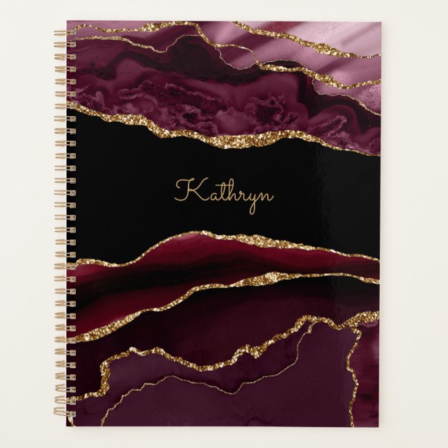 Modern Burgundy Black & Gold Agate Personalise Planner (Front)
