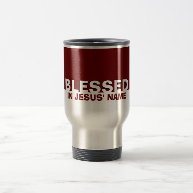 Modern Burgundy BLESSED In Jesus' Name Christian Travel Mug (Center)