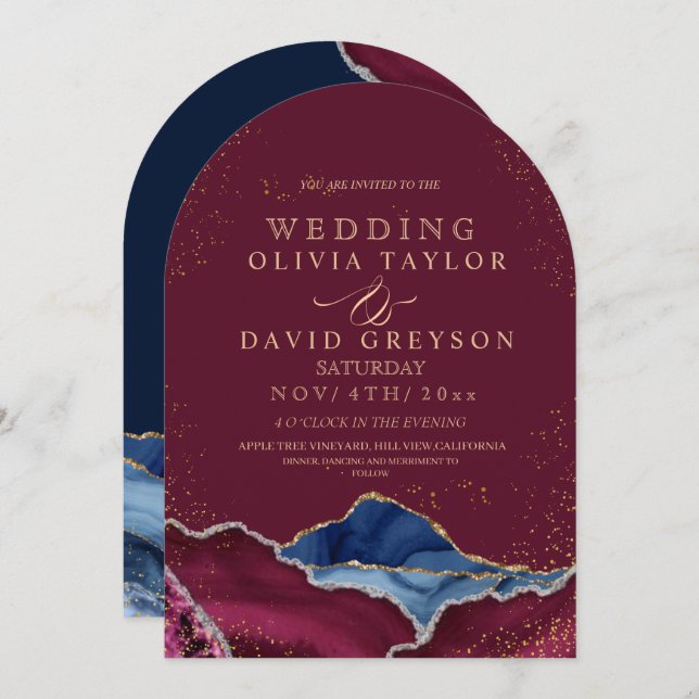  Modern Burgundy & Blue Agate Wedding Invitation (Front/Back)