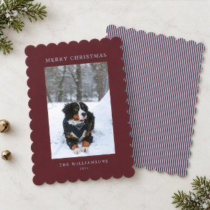 Modern Burgundy Blue Scalloped Pet Photo Christmas Holiday Card