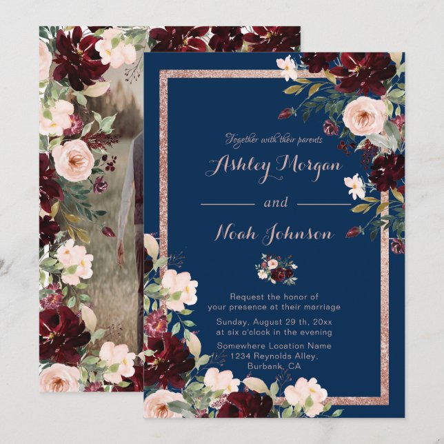 Modern Burgundy Blue Wedding Invitation Navy Blue  (Front/Back)