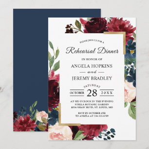 Modern Burgundy Blush Blue Floral Rehearsal Dinner Invitation