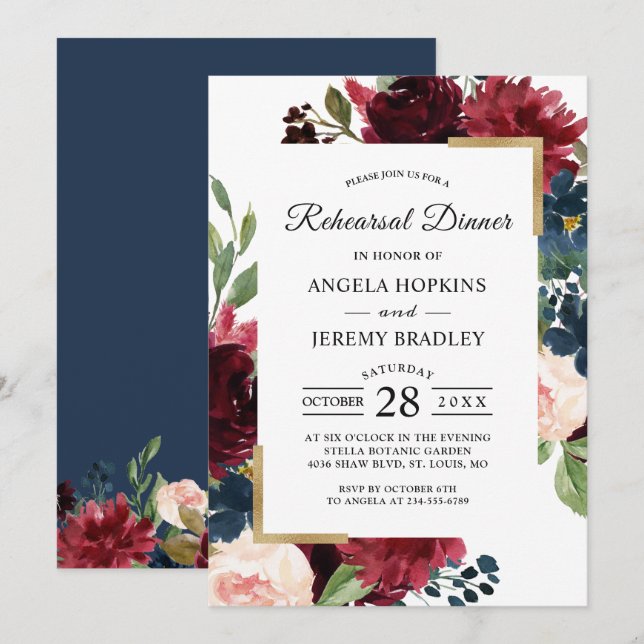 Modern Burgundy Blush Blue Floral Rehearsal Dinner Invitation (Front/Back)