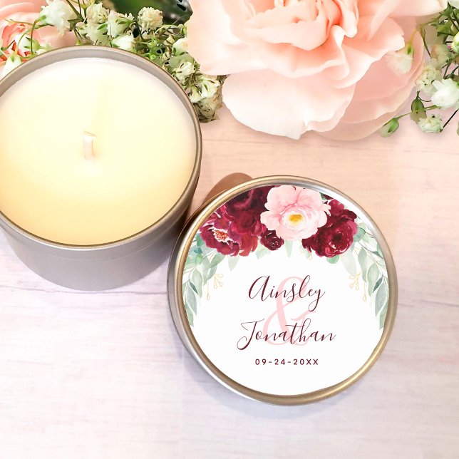 Modern Burgundy Blush Floral Greenery Wedding Classic Round Sticker (Creator Uploaded)