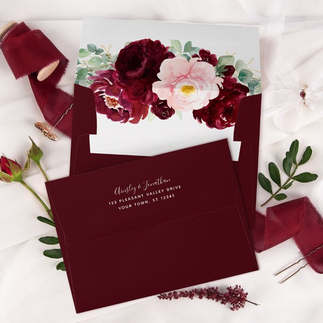 Modern Burgundy Blush Floral Greenery Wedding Envelope (Creator Uploaded)