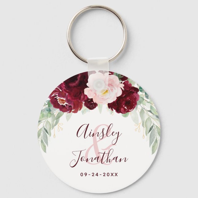 Modern Burgundy Blush Floral Greenery Wedding  Key Ring (Front)