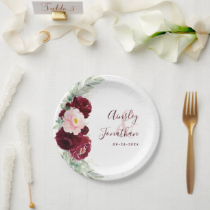 Modern Burgundy Blush Floral Greenery Wedding Paper Plate