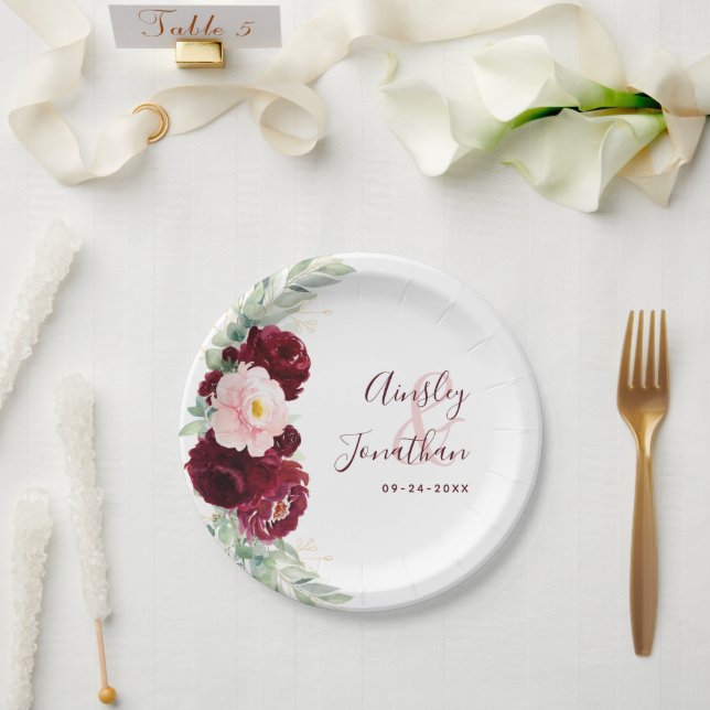 Modern Burgundy Blush Floral Greenery Wedding Paper Plate (Wedding)