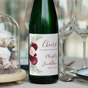 Modern Burgundy Blush Floral Greenery Wedding Wine Label