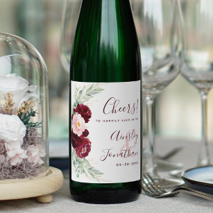 Modern Burgundy Blush Floral Greenery Wedding Wine Label