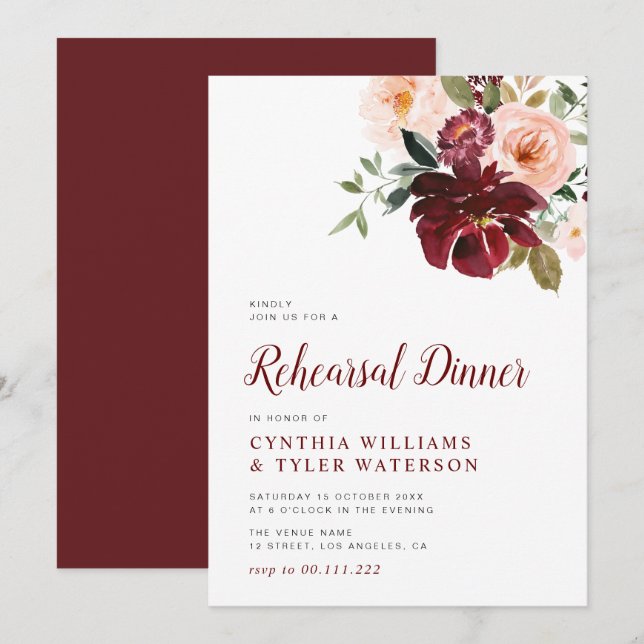 Modern burgundy & blush floral rehearsal dinner invitation (Front/Back)