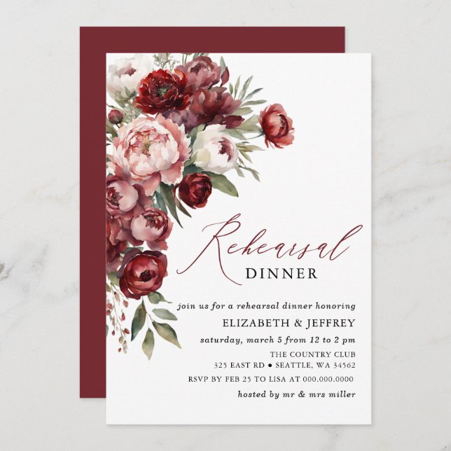Modern Burgundy Blush Floral Rehearsal Dinner  Invitation (Front/Back)