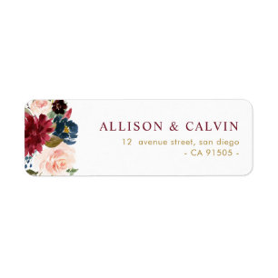 Modern burgundy blush floral wedding address label