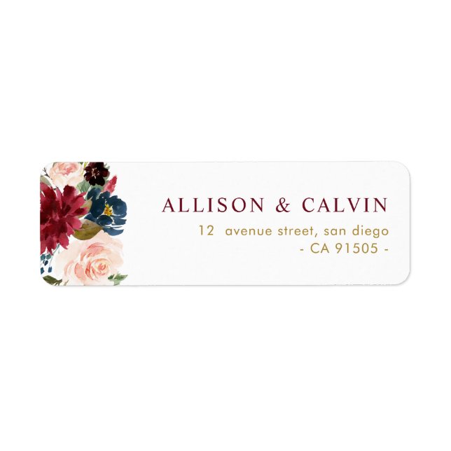 Modern burgundy blush floral wedding address label (Front)