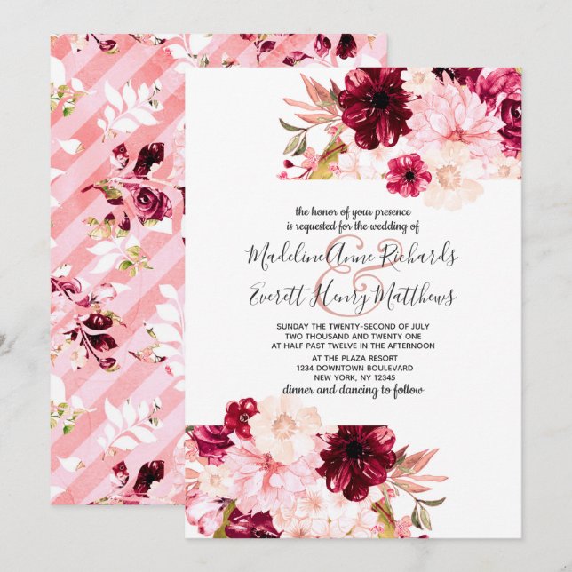Modern Burgundy & Blush Floral Wedding Invitations (Front/Back)