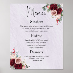 Modern Burgundy Blush Floral Wedding Menu Poster