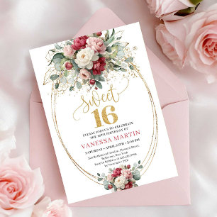 Modern Burgundy Blush Greenery Gold Sweet Sixteen Invitation