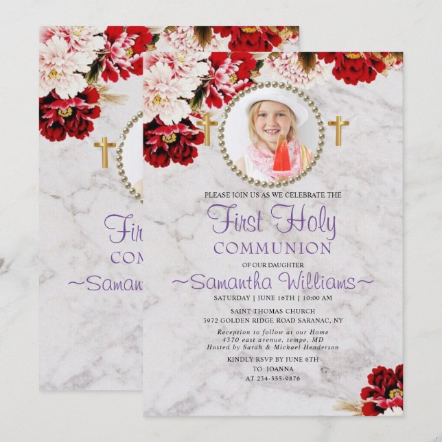 Modern Burgundy Blush Photo First Communion Invitation (Front/Back)