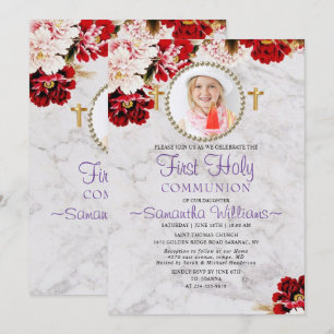 Modern Burgundy Blush Photo First Communion Invitation