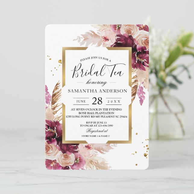 Modern Burgundy Blush Pink  Floral & Gold Frame Invitation (Standing Front)