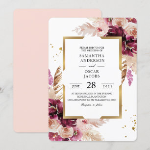 Modern Burgundy Blush Pink  Floral & Gold Frame Invitation