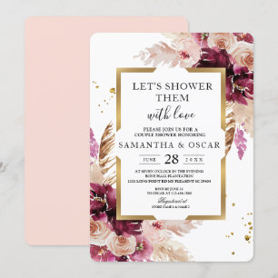 Modern Burgundy Blush Pink Floral & Gold Frame Invitation