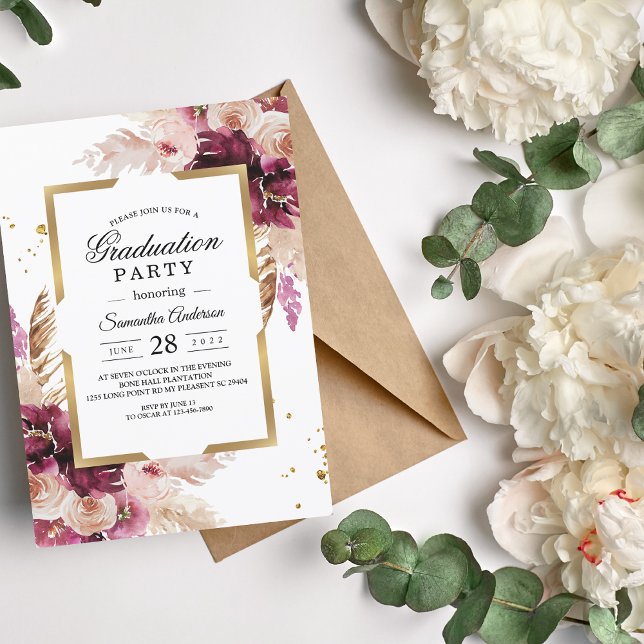 Modern Burgundy Blush Pink  Floral & Gold Frame Invitation (Creator Uploaded)