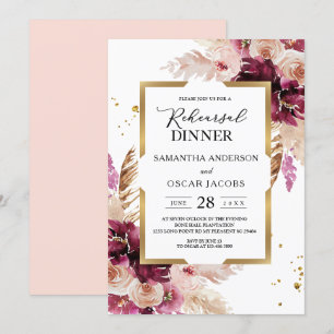 Modern Burgundy Blush Pink  Floral & Gold Frame Invitation