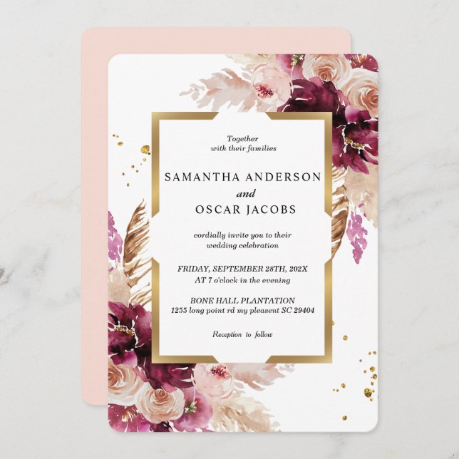 Modern Burgundy Blush Pink  Floral & Gold Frame Invitation (Front/Back)