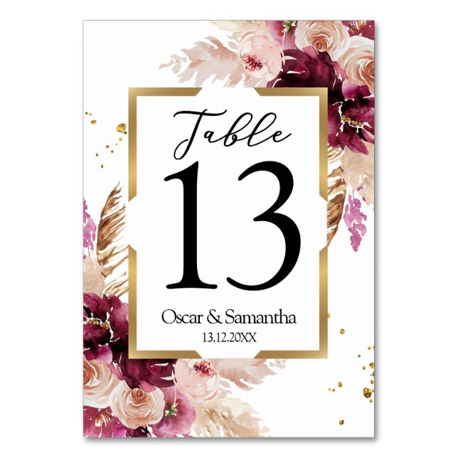 Modern Burgundy Blush Pink  Floral & Gold Frame Table Number (Front)