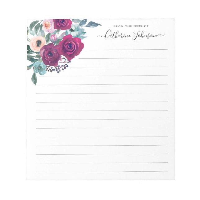 Modern Burgundy Blush Pink Floral Watercolor Desk Notepad (Front)
