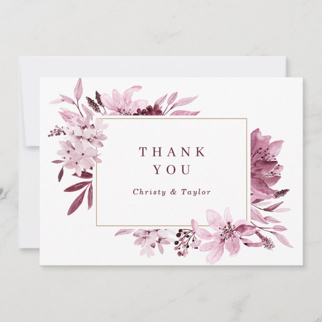 Modern Burgundy Blush Watercolor Floral Thank You Card (Front)