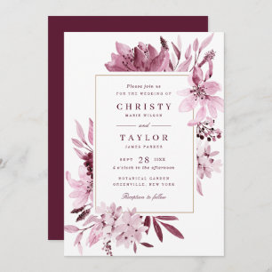 Modern Burgundy Blush Watercolor Floral Wedding Invitation
