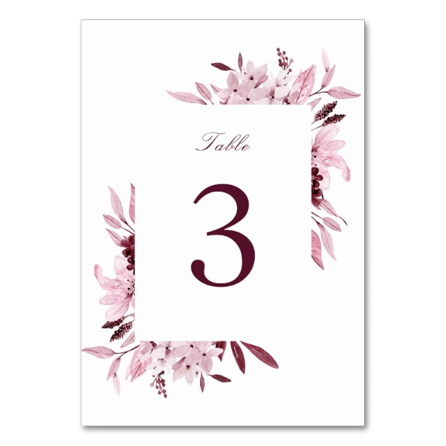 Modern Burgundy Blush Watercolor Floral Wedding Table Number (Front)