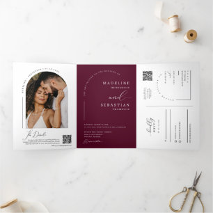 Modern Burgundy Boho Arch Photo QR Code Wedding Tri-Fold Invitation