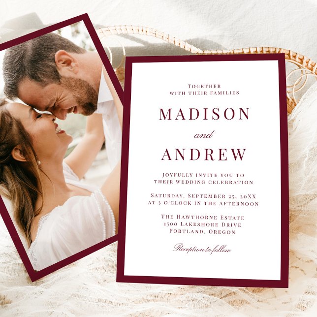 Modern Burgundy Border Photo Wedding Invitation (Creator Uploaded)