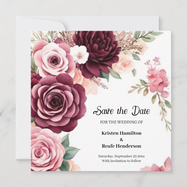 Modern Burgundy Botanical Save The Date (Front)