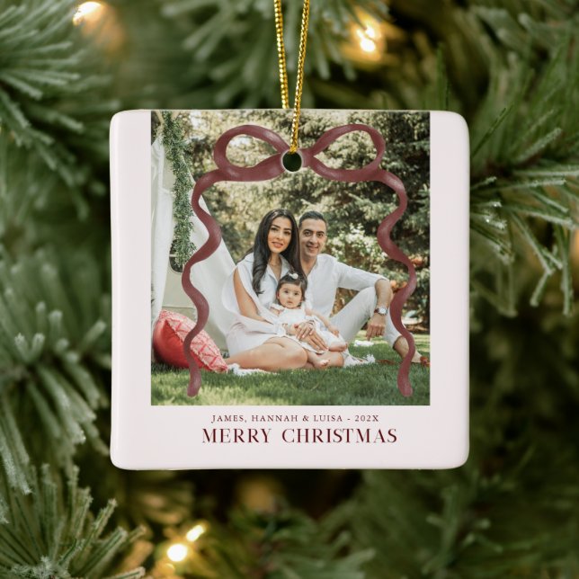 Modern Burgundy Bow Merry Christmas Photo Ceramic Ornament (Tree)