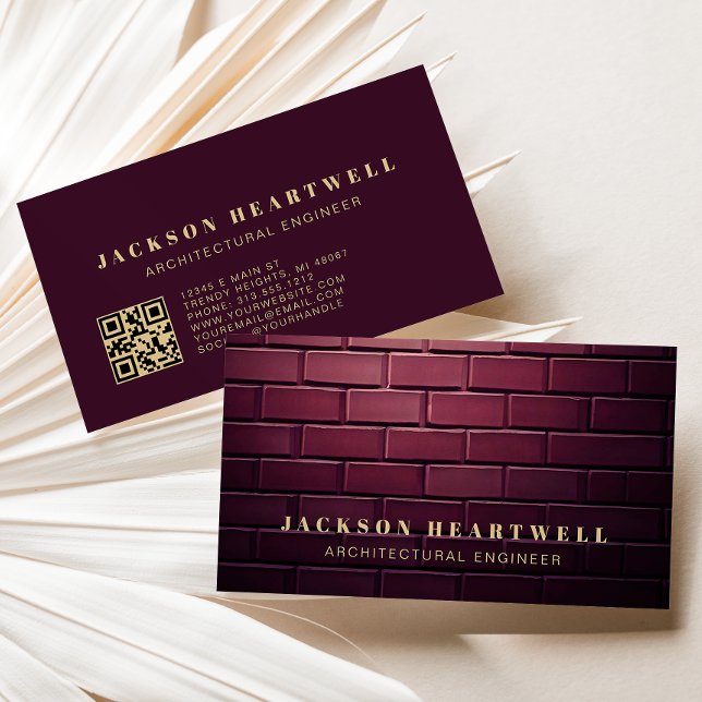 Modern Burgundy Brick Wall Texture QR Code Business Card (Creator Uploaded)